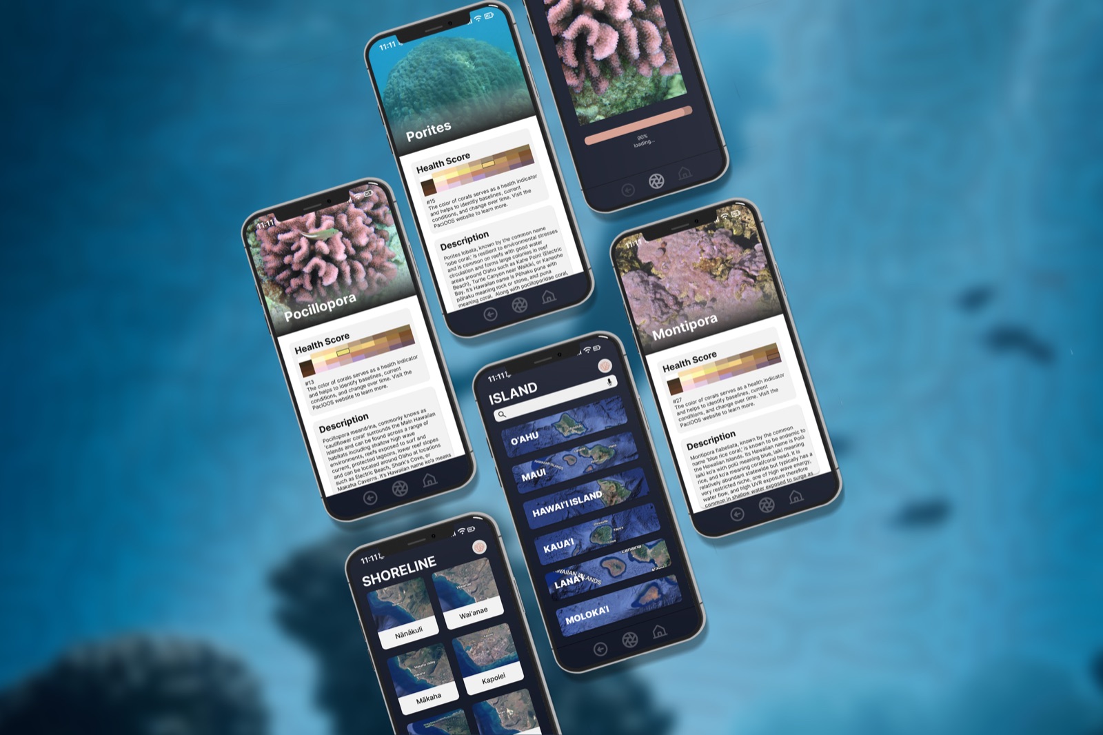 Coral Collective AI app screens showing coral species and reef health scores